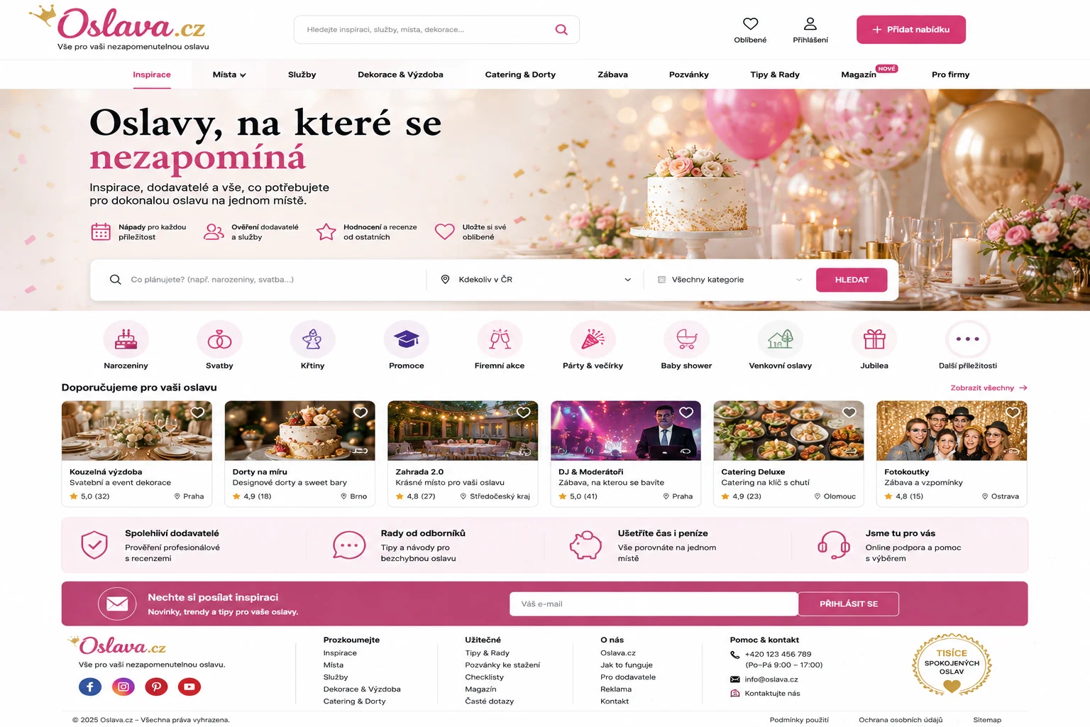 Vizuální návrh možného projektu Oslava.cz zaměřeného na plánování oslav, dodavatele a dárky